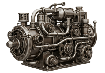 Intricate steampunk engine isolated on transparent background, showcasing complex gears