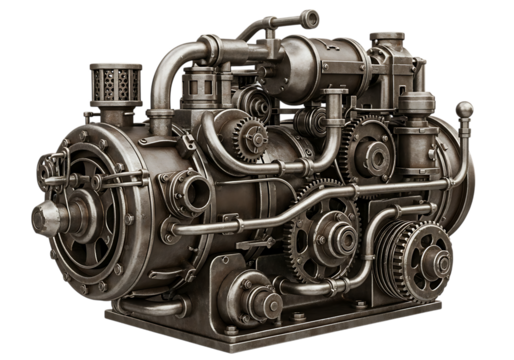 Intricate steampunk engine isolated on transparent background, showcasing complex gears