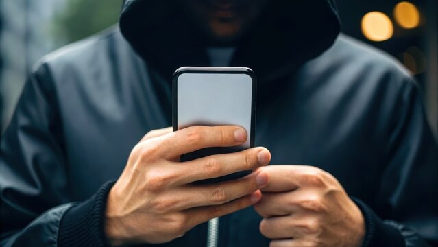 Technology of scammer and fraud concept. Person holding a smartphone, wearing a hooded jacket in a blurred urban setting.