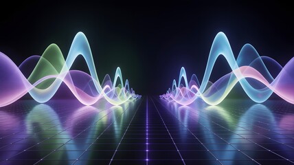 Luminous Sound Waves: A Colorful Spectral Display Reflecting on a Mirrored Digital Grid.