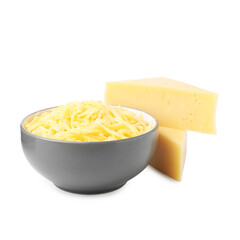 Grated and pieces of cheese isolated on white