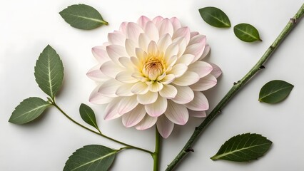Delicate pale pink dahlia flower with green leaves and a thin branch on a white background