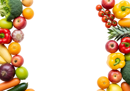 Colorful Fruits and Vegetables Frame on White Background.