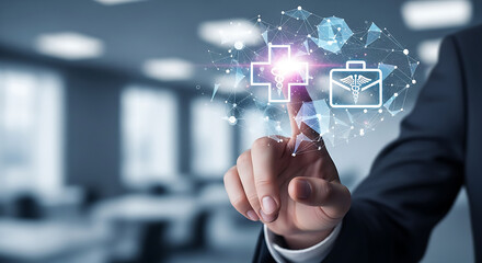 A man touching a digital interface with medical icons and a network of connected dots in an office