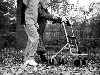 Obraz premium Elderly woman taking a walk through the park in autumn with help of walker and caretaker aid