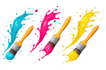 Vibrant art burst: Three paintbrushes unleash dynamic splashes of brilliant cyan, hot pink, and sunny yellow paint across a captivating gradient canvas. This energetic artwork beautifully symbolizes c