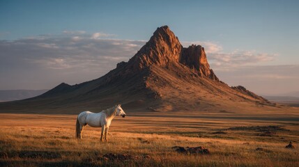 A serene white horse grazes peacefully in vast grasslands surrounded by majestic mountains and a warm sunset.