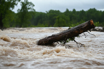 A fallen tree branch submerged in the rushing waters