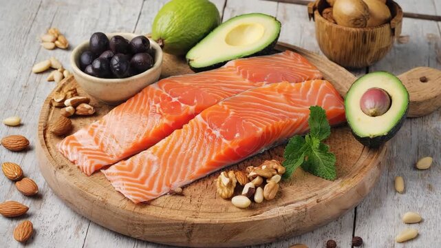 Fresh raw salmon fillets with avocado, nuts, and olives on wooden board. Healthy ingredients rich in omega-3 fatty acids, protein, and good fats &mdash; concept of keto diet, clean eating, and balanced nutr