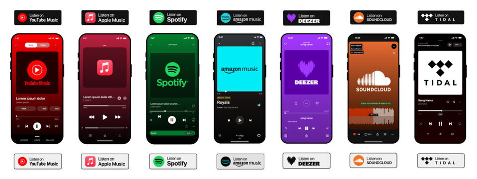Spotify, YouTube Music, Apple Music, Amazon Music, Deezer, SoundCloud, and Tidal mobile app mockup with playlist layout, album artwork, and playback interface for modern digital music streaming 