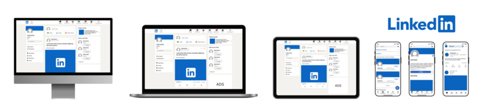 LinkedIn interface mockup showing LinkedIn desktop layout, LinkedIn mobile app design, and LinkedIn tablet user profile for professional social networking platform UI