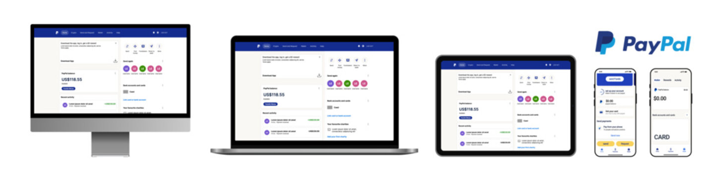 PayPal interface mockup displaying PayPal desktop dashboard, PayPal mobile app wallet, and PayPal tablet layout for modern online payment and digital finance platform UI