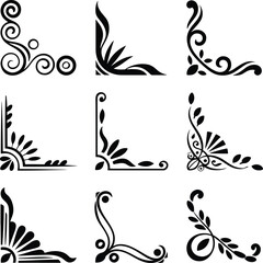 Collection of Decorative Black Corner Elements for Design and Decoration Art