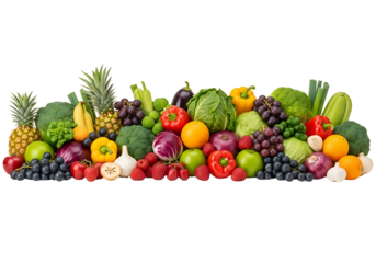 Colorful Variety of Fresh Fruits and Vegetables on White Background.