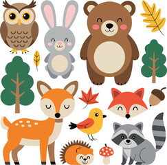 Cartoon Forest Animals Illustration Set in Flat Design Style for Kids