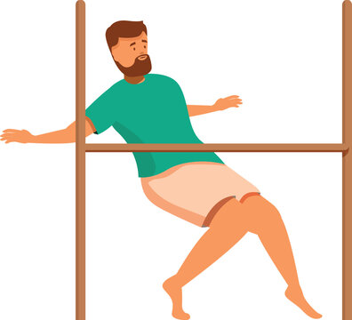 Bearded man playing limbo, bending backwards and trying to walk under a wooden stick without falling