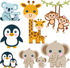 Cute Cartoon Animals Set with Koala Giraffe Penguin Monkey Elephant vector