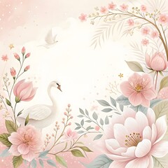 Elegant watercolor swan surrounded by delicate pink flowers and blossoms in a soft pastel spring garden