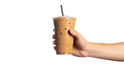 A person's hand holding a refreshing iced coffee drink. This refreshing beverage, held in a transparent cup, is the perfect thirst quencher.