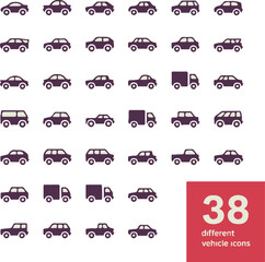 vehicle icons pack minimalist silhouettes for apps web and print including sedan hatchback suv van truck bus pickup © AIcon Star