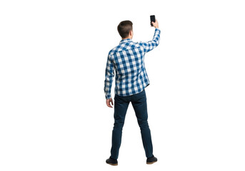 Young man in plaid shirt touching a digital interface isolated on transparent background