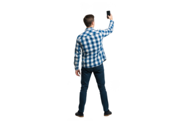 Young man in plaid shirt touching a digital interface isolated on transparent background