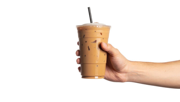 A person's hand holding a refreshing iced coffee drink. This refreshing beverage, held in a transparent cup, is the perfect thirst quencher.