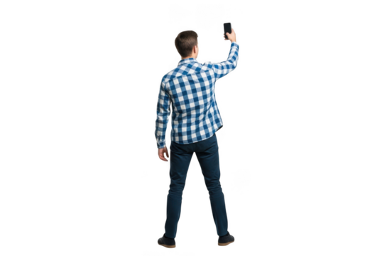Young man in plaid shirt touching a digital interface isolated on transparent background