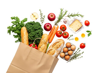 Fresh Groceries in a Paper Bag on White Background.