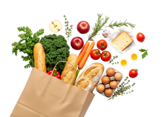Fresh Groceries in a Paper Bag on White Background.