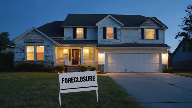 Foreclosure sign in front of a two-story house at dusk, showcasing illuminated windows and a well-maintained lawn, highlighting the impact of housing market challenges