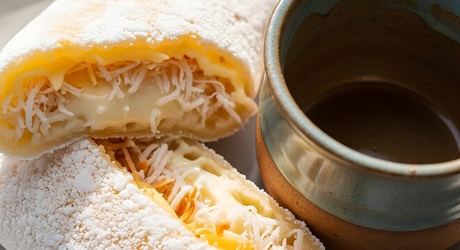 Brazilian cocada dessert with cup of coffee, a sweet treat for breakfast