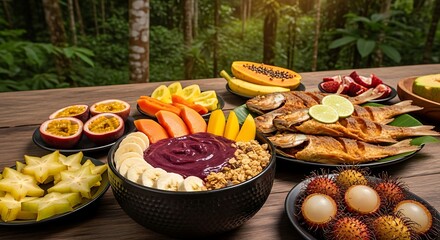 A vibrant spread of tropical fruits and grilled fish on a wooden table