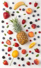 Vibrant assortment of fresh fruits and berries artfully arranged on a white background
