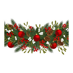 Christmas Garland with Pine Cones, Red Ornaments, and Berries