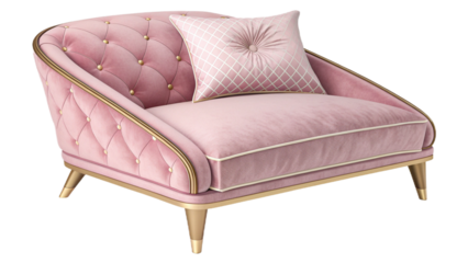 A luxurious pink velvet armchair with gold trim and a decorative pillow on a white background studio shot