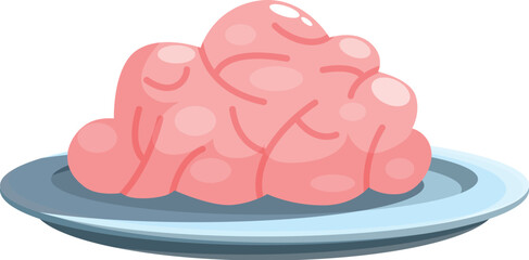 Cartoon pink brain on a gray plate, representing food for zombies, ideal for halloween celebrations