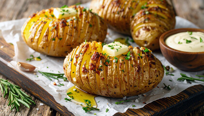 Delicious Baked Hasselback Potato with Butter and Herbs Culinary Still Life