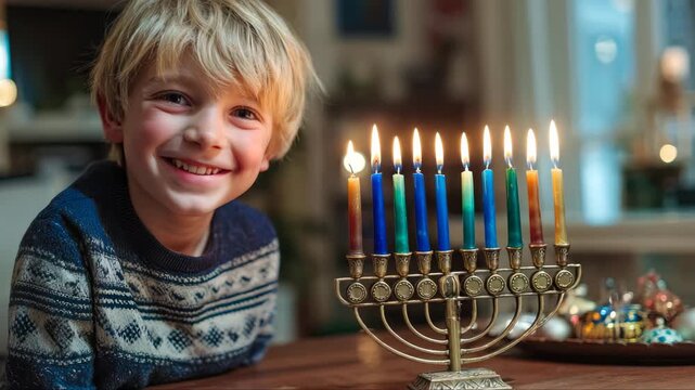 Young boy with joyful expression sits beside a lit menorah, showcasing vibrant candles and festive atmosphere, camera gradually zooms in on the scene