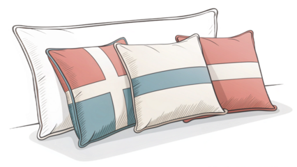 A row of four decorative pillows with various designs resting on a white surface illustration