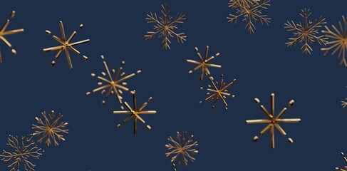 Abstract image featuring golden snowflakes floating against a deep blue background. Perfect for Christmas, winter, holiday greetings and elegant