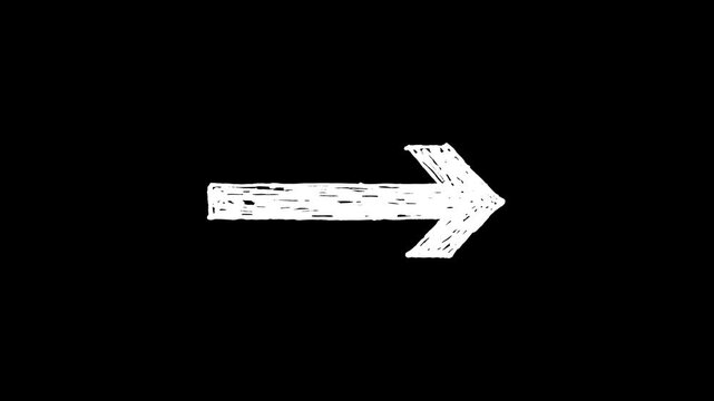 Hand-drawn white arrow animation moving left, sketchy stop motion style on a black background. Animated doodle arrow motion graphic element for direction, pointer, or navigation design