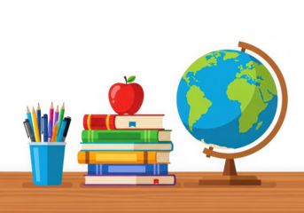 Stack of books an apple on top, a pencil holder, a globe on a wooden desk isolated on transparent background