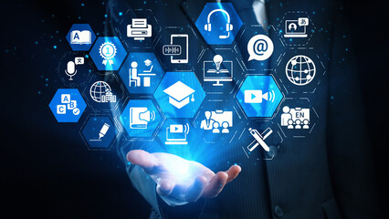 Online education icons show e-learning, online education classes, and digital study. Online education enables global online education access, flexible learning. Gist