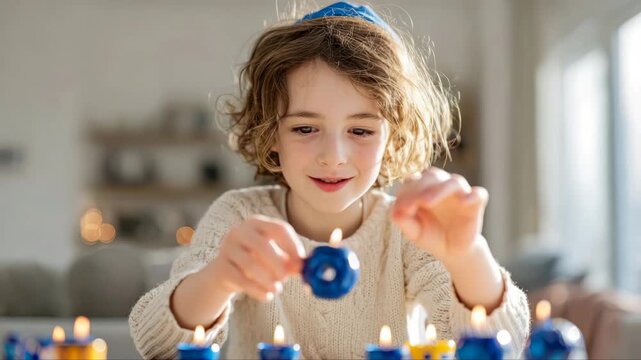 Young child with curly hair joyfully plays with colorful dreidels, carefully lifting one while surrounded by lit candles, showcasing festive spirit and warmth in a cozy setting