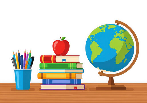 Stack of books an apple on top, a pencil holder, a globe on a wooden desk isolated on transparent background