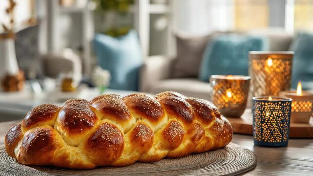Freshly baked braided bread displayed on a textured mat, surrounded by glowing candles and soft furnishings, showcasing a warm and inviting atmosphere with copy space