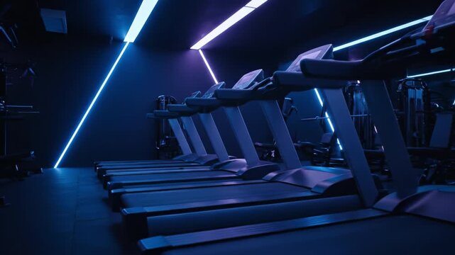 Vibrant neon lighting enhances modern gym interior with sleek treadmills, creating energetic atmosphere for fitness enthusiasts to enjoy their workout and improve health with top notch exercise