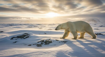 Majestic polar bear walking across snowy arctic landscape during bright sunset