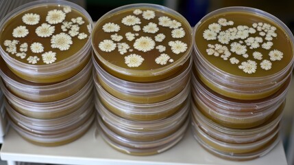 Petri Dishes Containing Bacterial Cultures Neatly Stacked